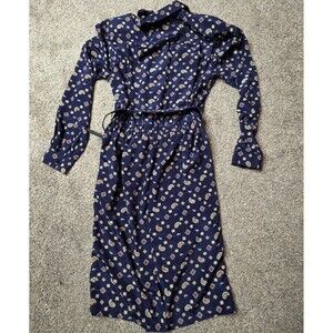 Talbots Vintage Paisley Print Dress Size 12 Long Sleeve Button Up Belted Blue